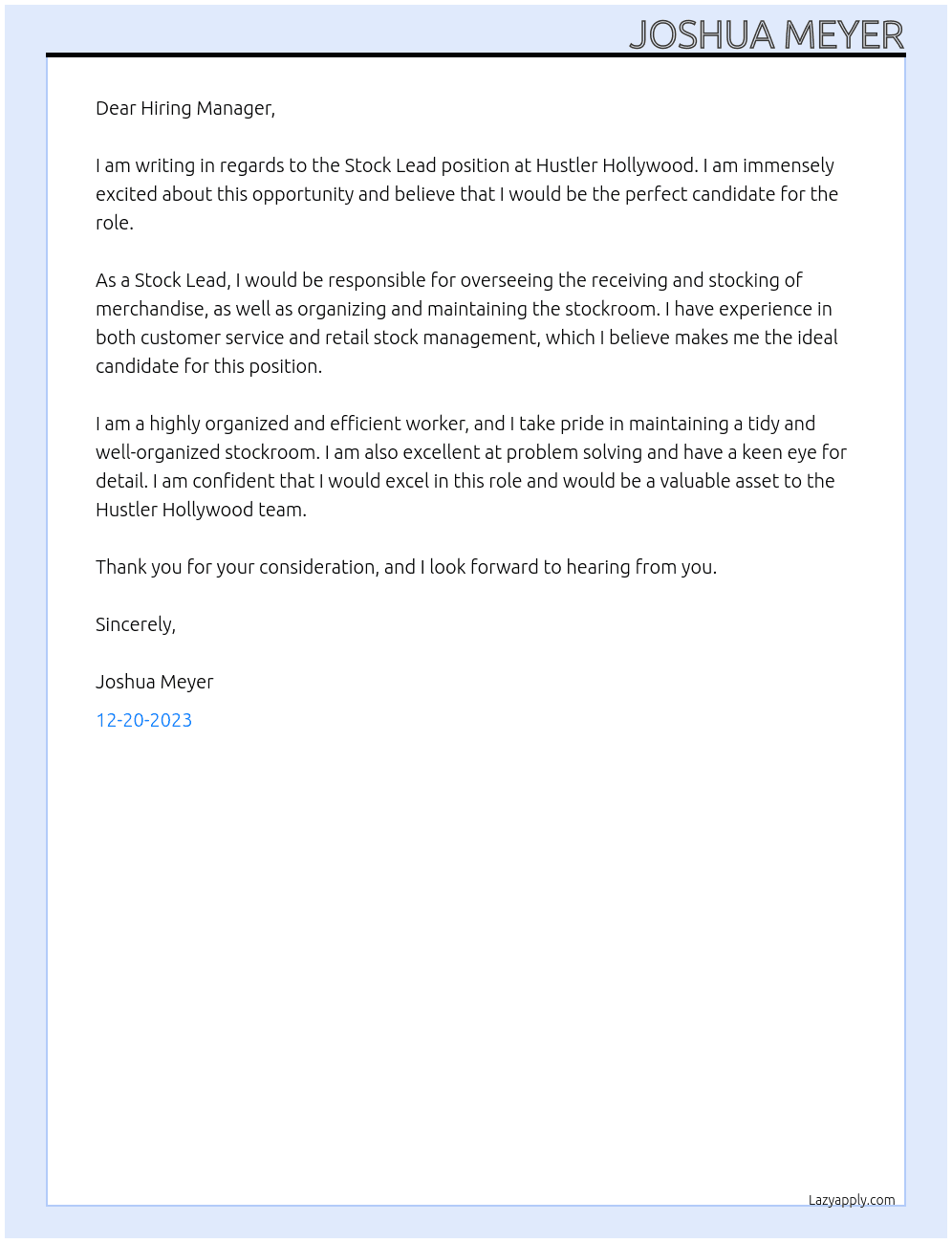 Stock Lead At Hustler Hollywood Cover Letter