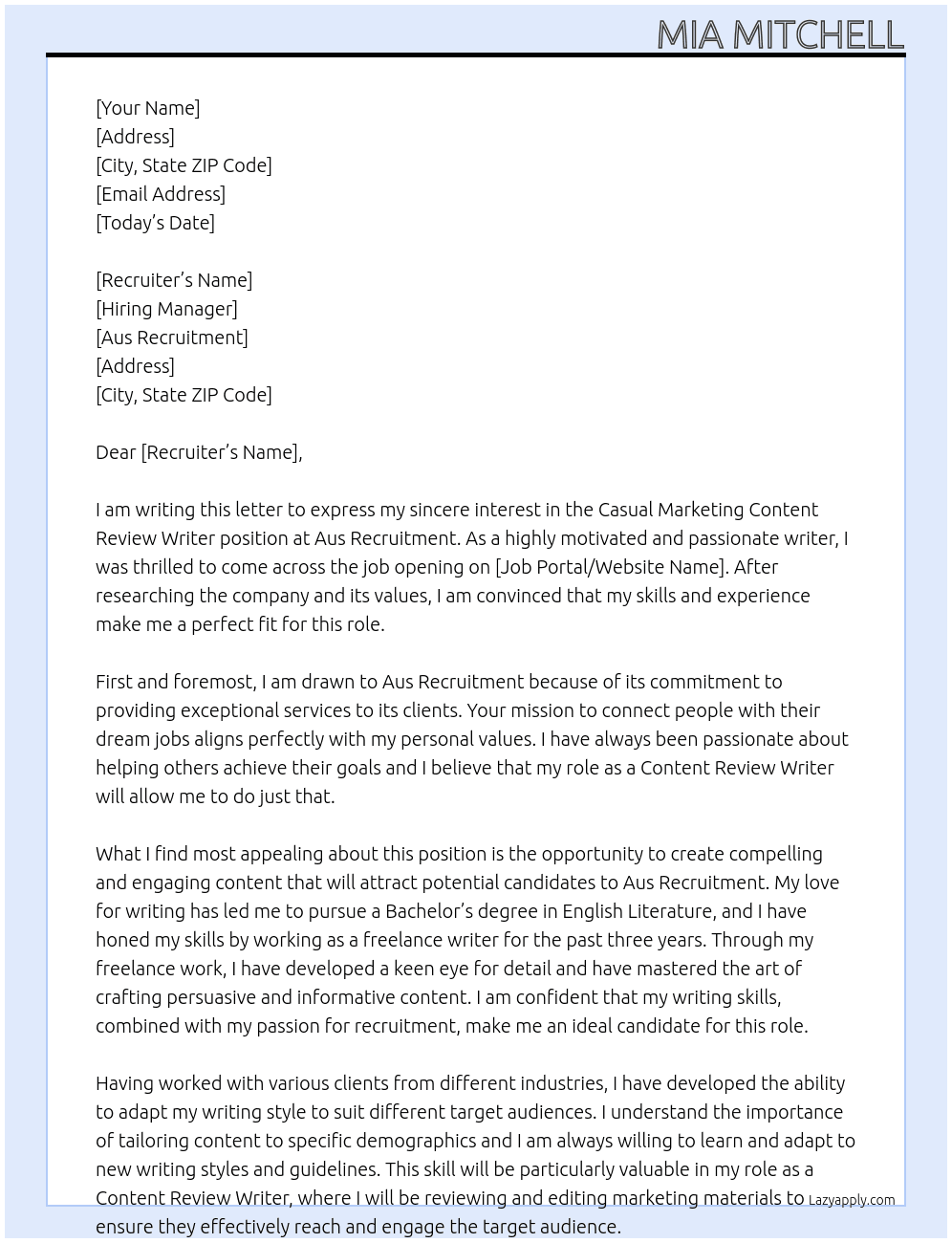 Casual Marketing Content Review Writer At Aus Recruitment Cover Letter