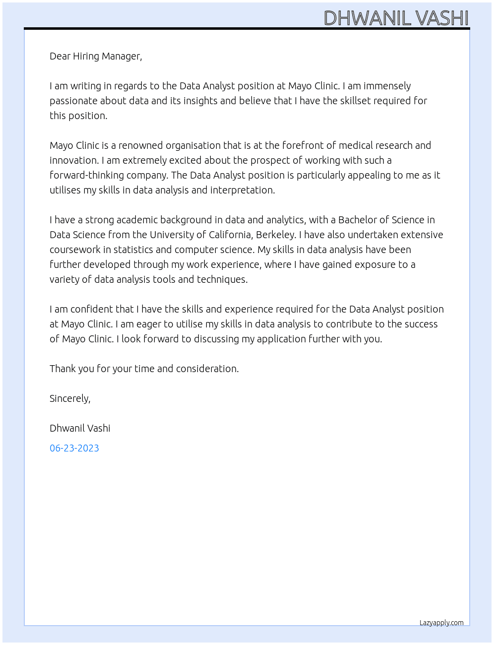 Data Anlayst At Mayo Clinic Cover Letter