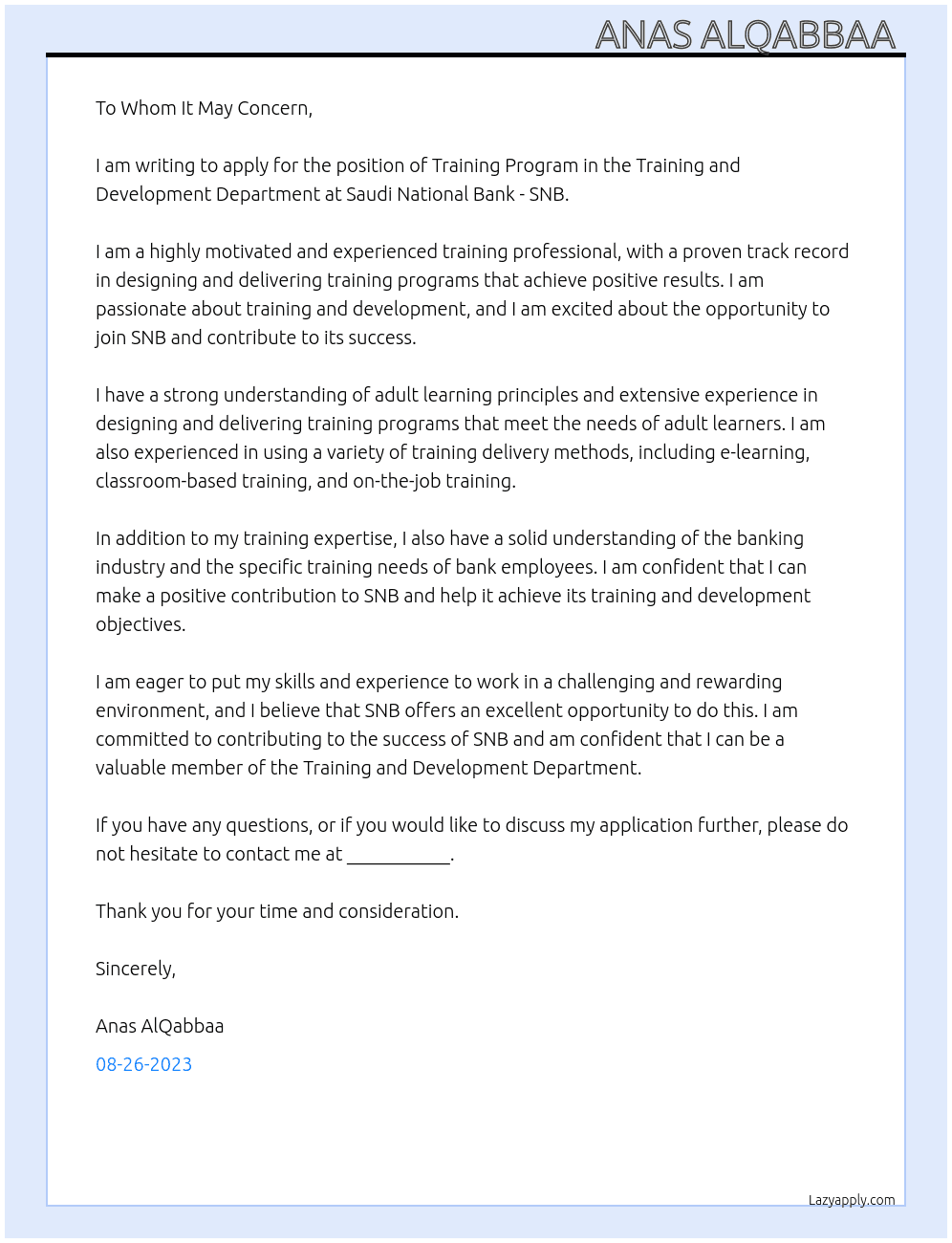 Training Program At Saudi National Bank - SNB Cover Letter