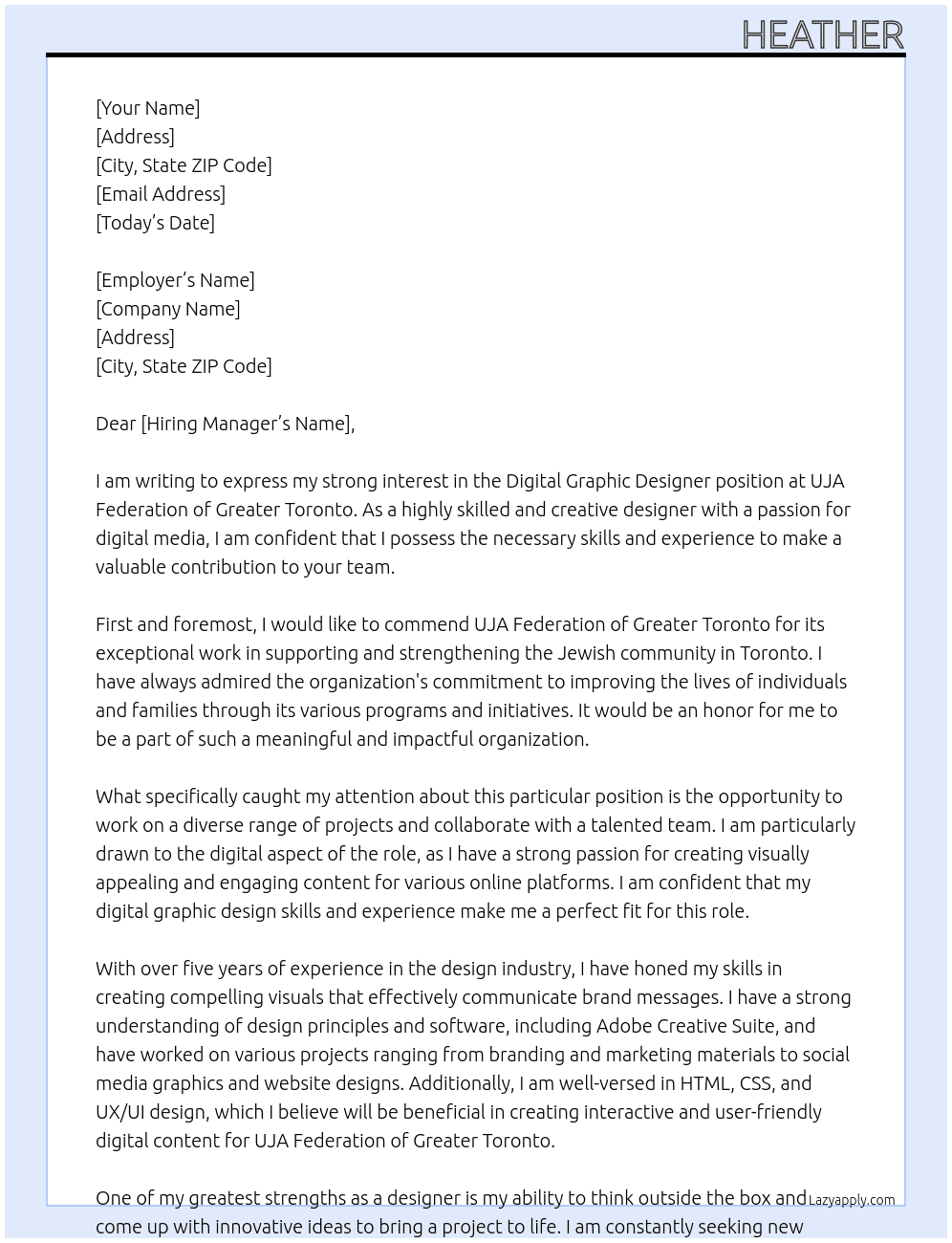 Digital graphic designer At UJA Federation of Greater Toronto Cover Letter