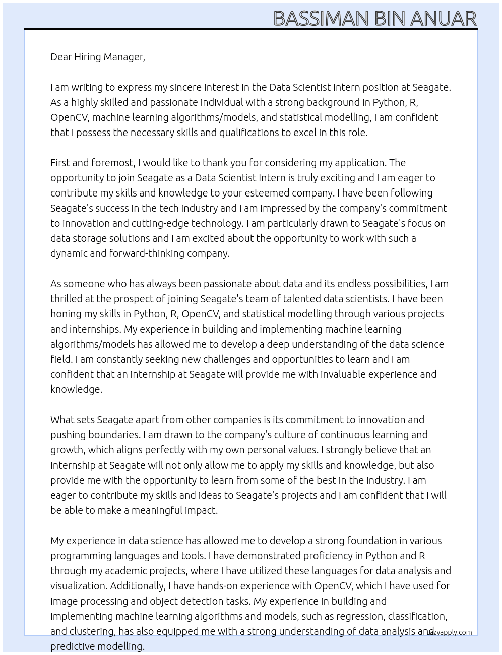 Data Scientist Intern At Seagate Cover Letter