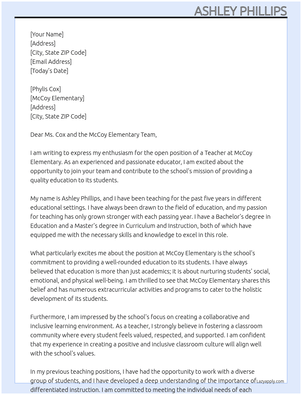 Teacher At McCoy Elementary  Cover Letter