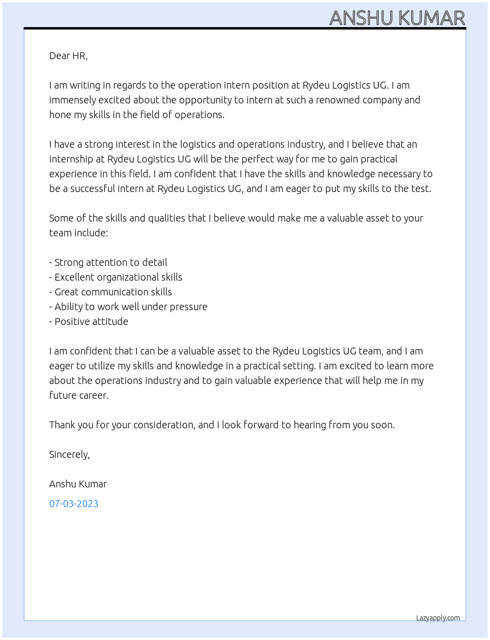 operation intern  At Rydeu Logistics UG Cover Letter