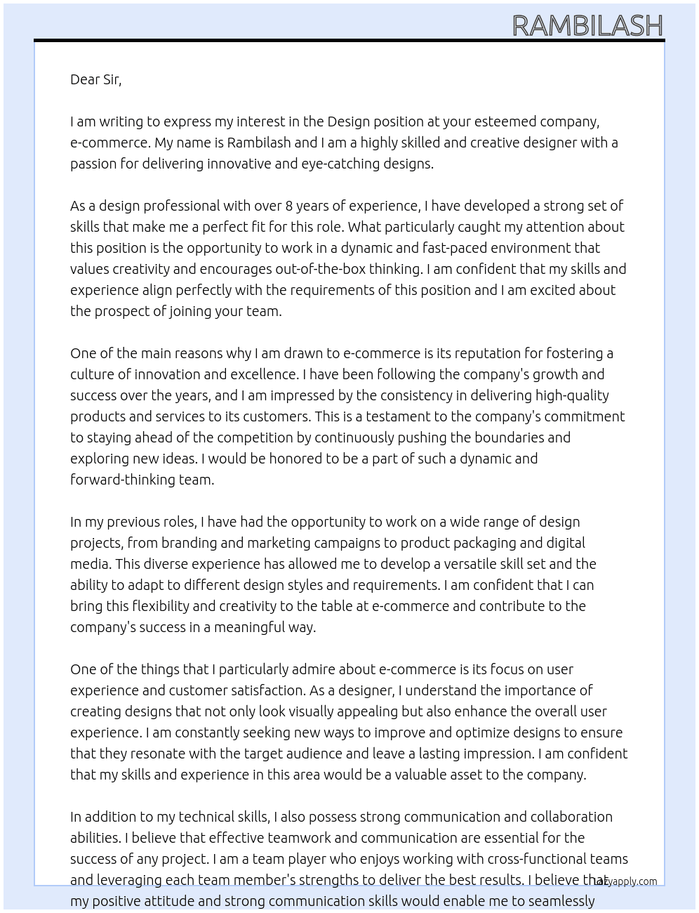 Design At e-commerce Cover Letter