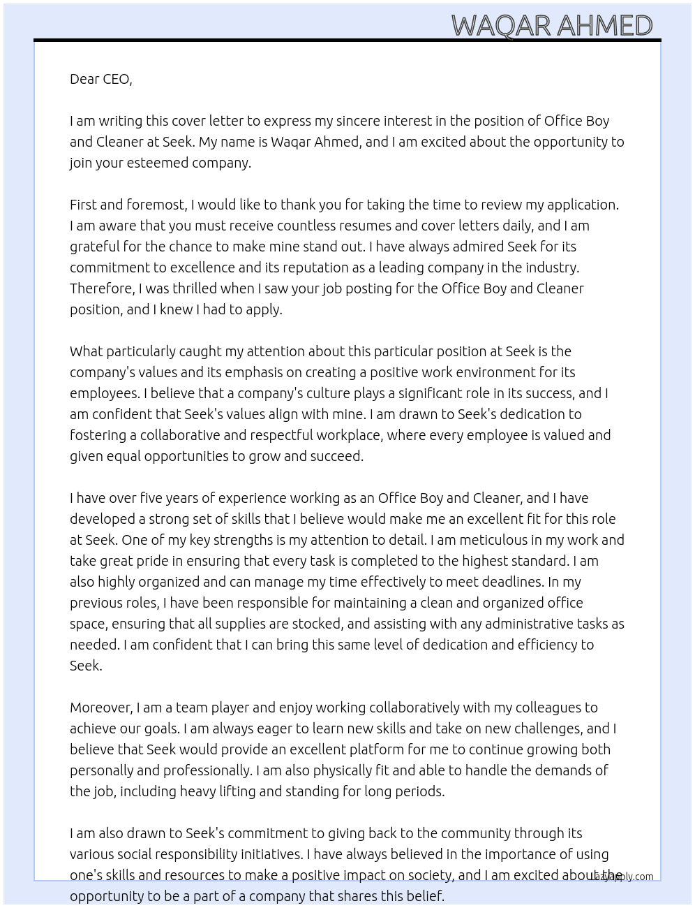 Office Boy  and Cleaner  At Seek Cover Letter