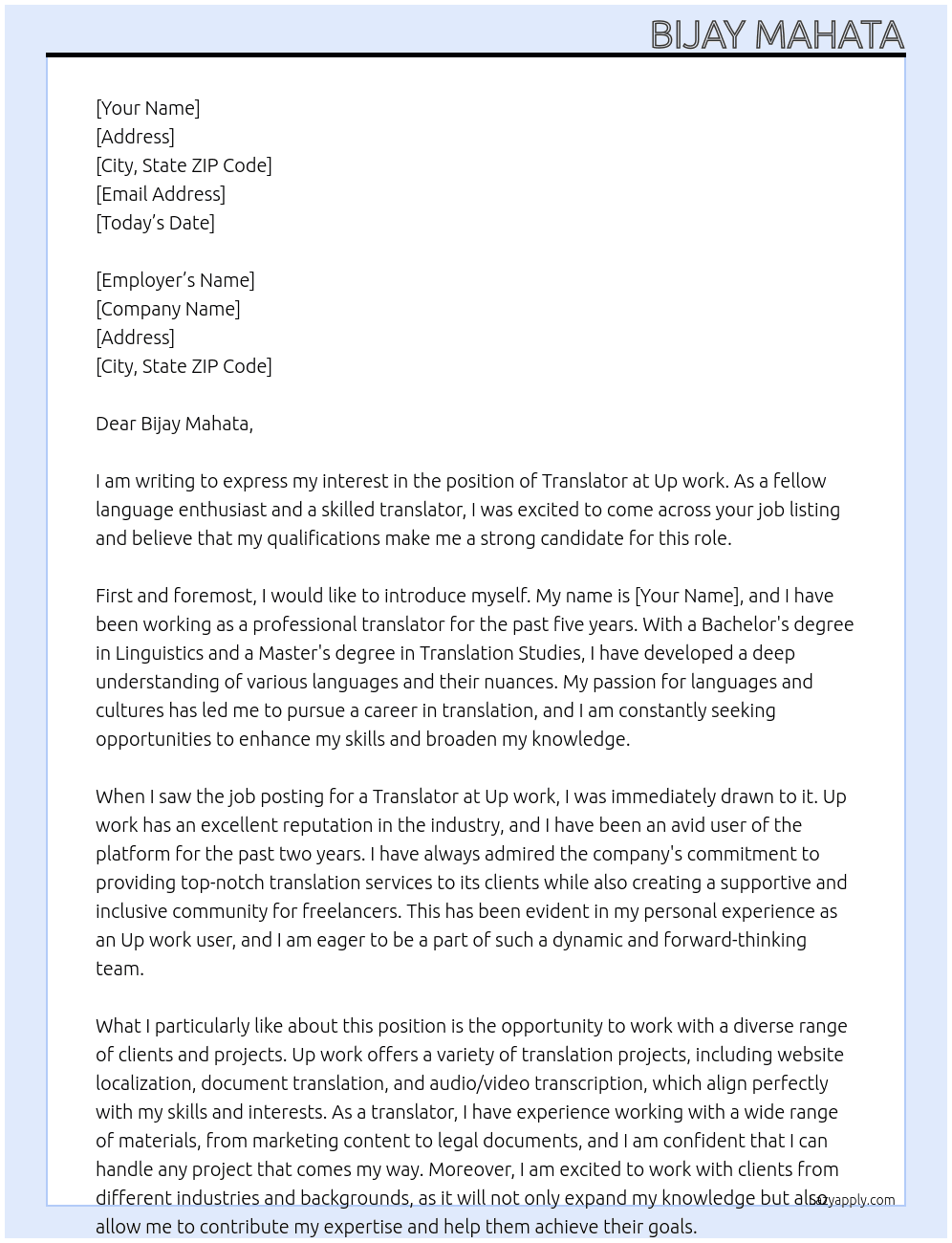 Translator  At Up work  Cover Letter