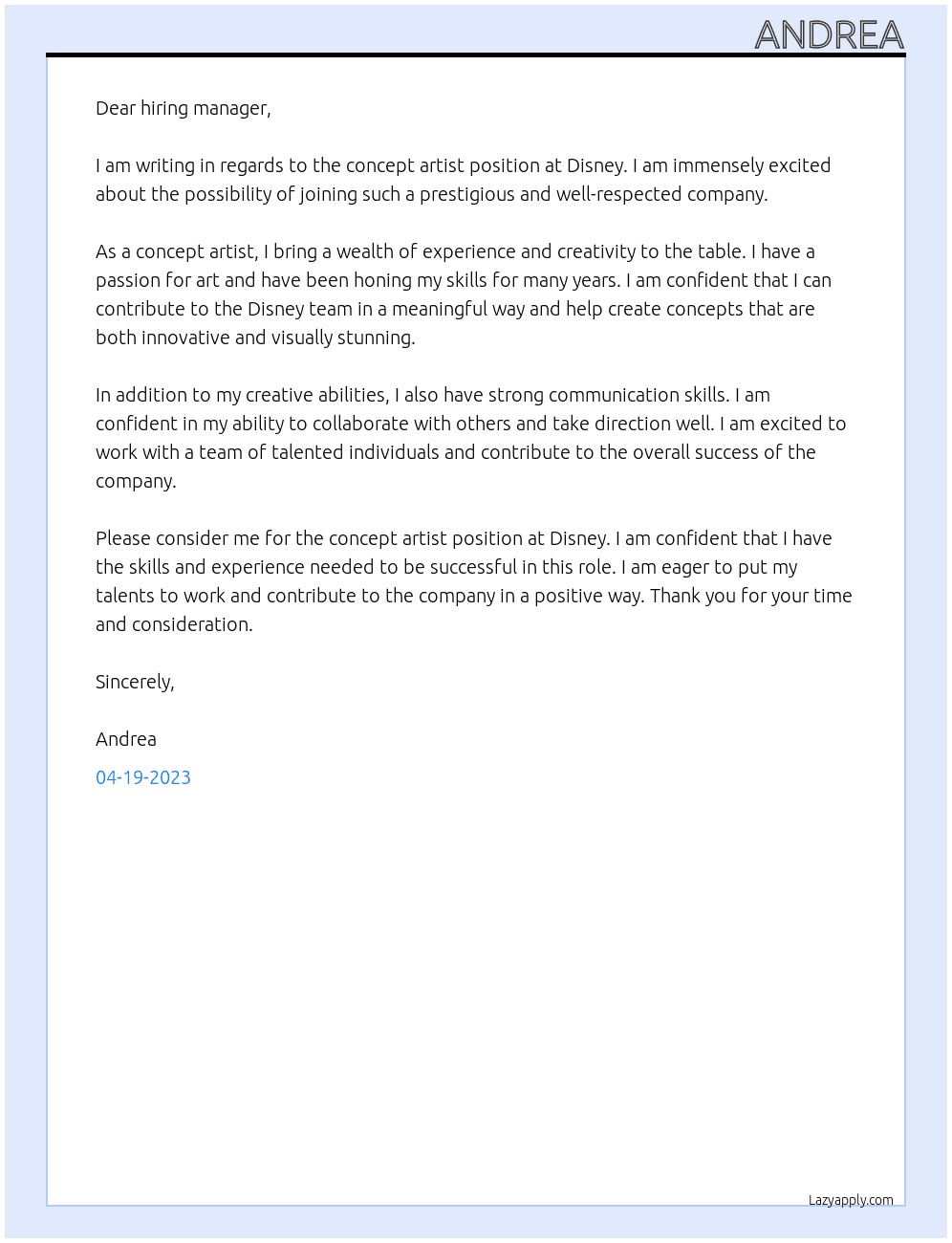 concept artist At Disney Cover Letter