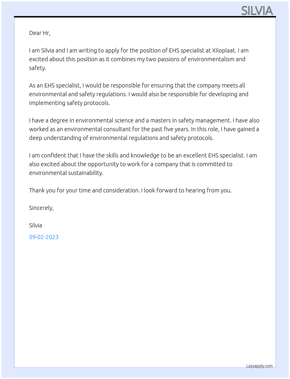 EHS specialst At Xiloplaat Cover Letter
