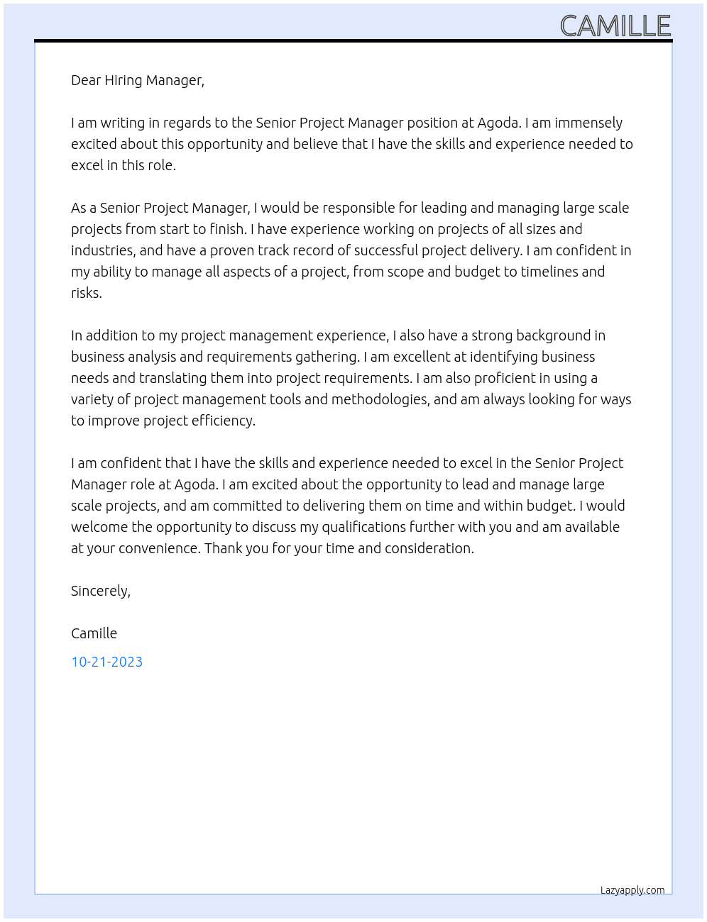 Senior Project Manager At Agoda Cover Letter