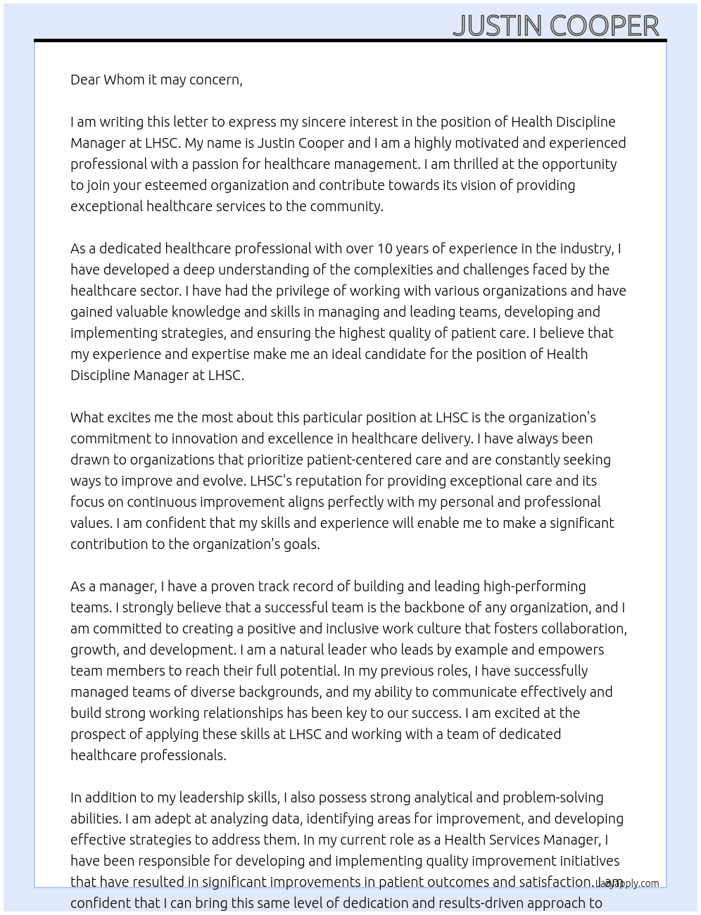 Health Discipline Manager At LHSC Cover Letter