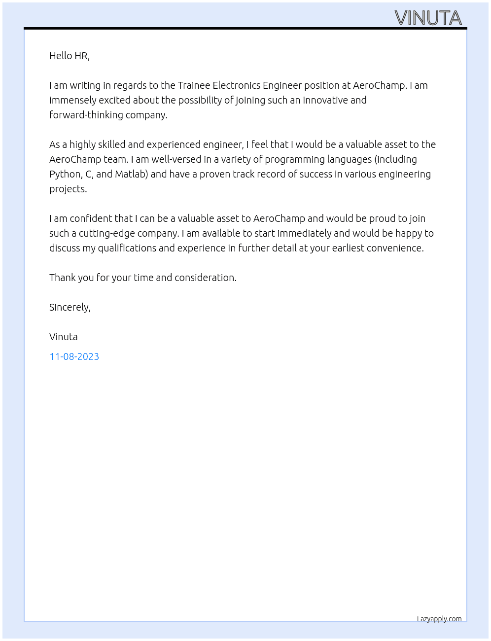 Trainee Electronics Engineer At AeroChamp Cover Letter