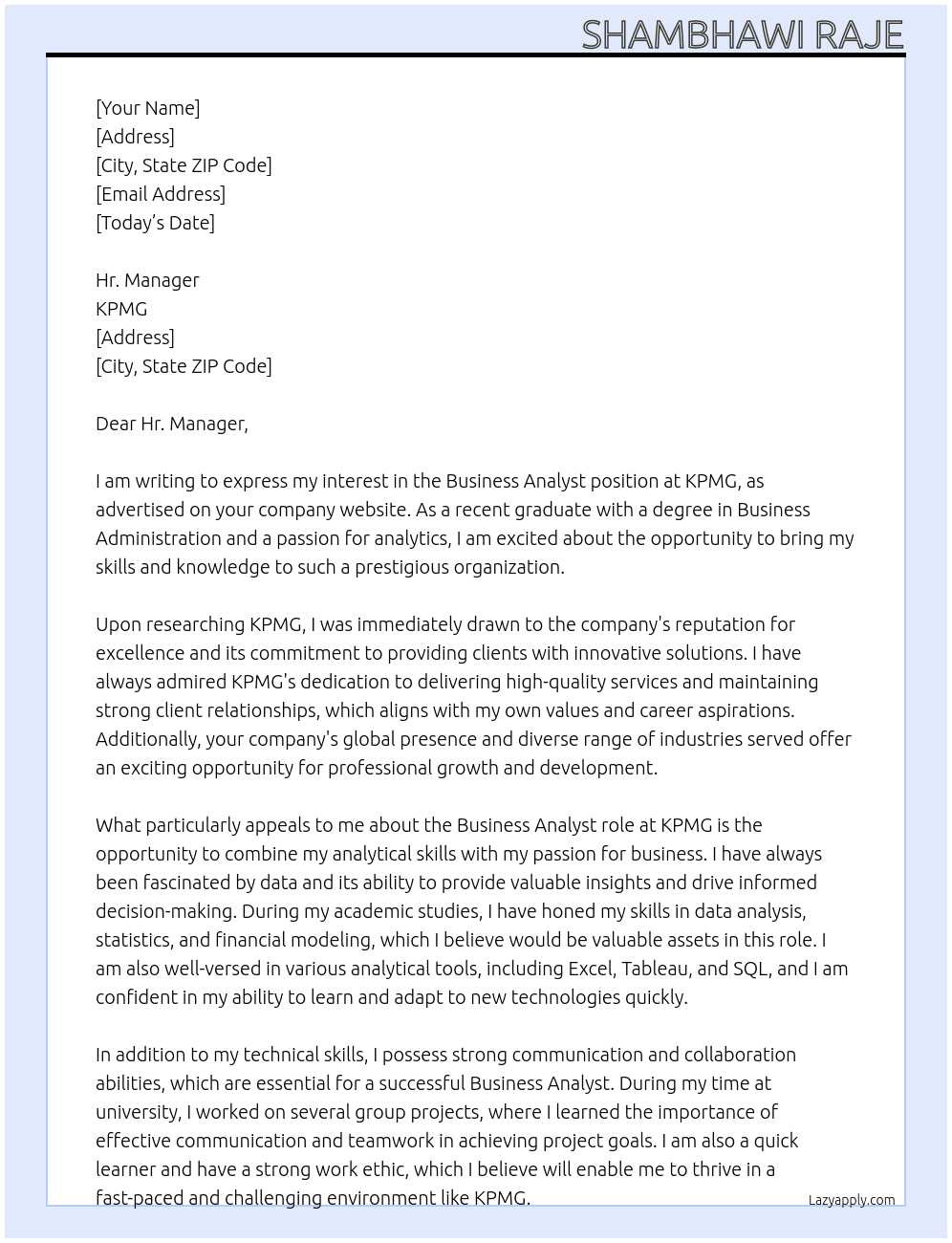 Buisness Analyst At KPMG Cover Letter