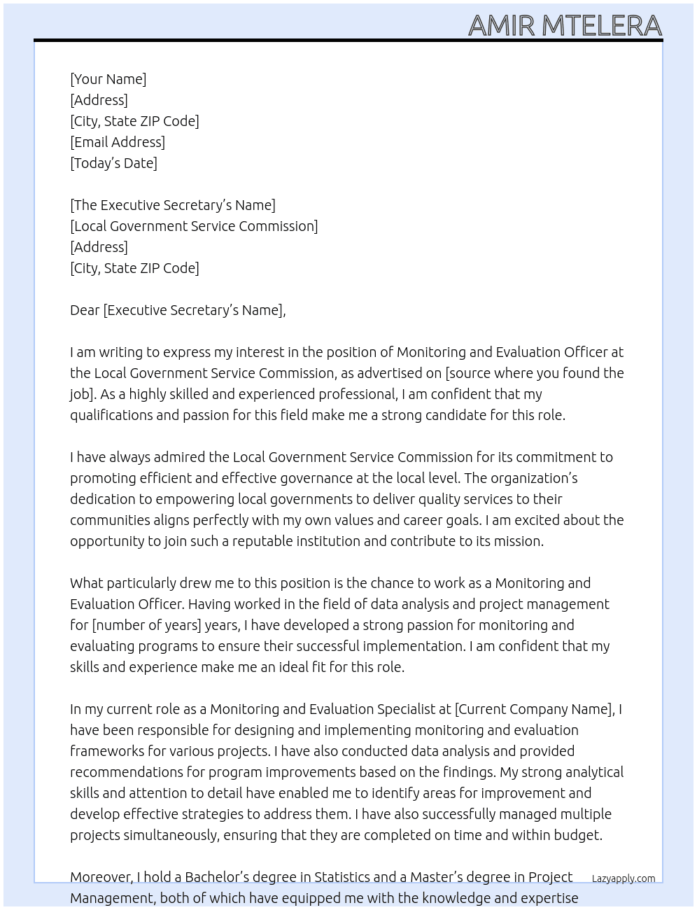 Monitoring and Evaluation  officer  At Local government service commission Cover Letter