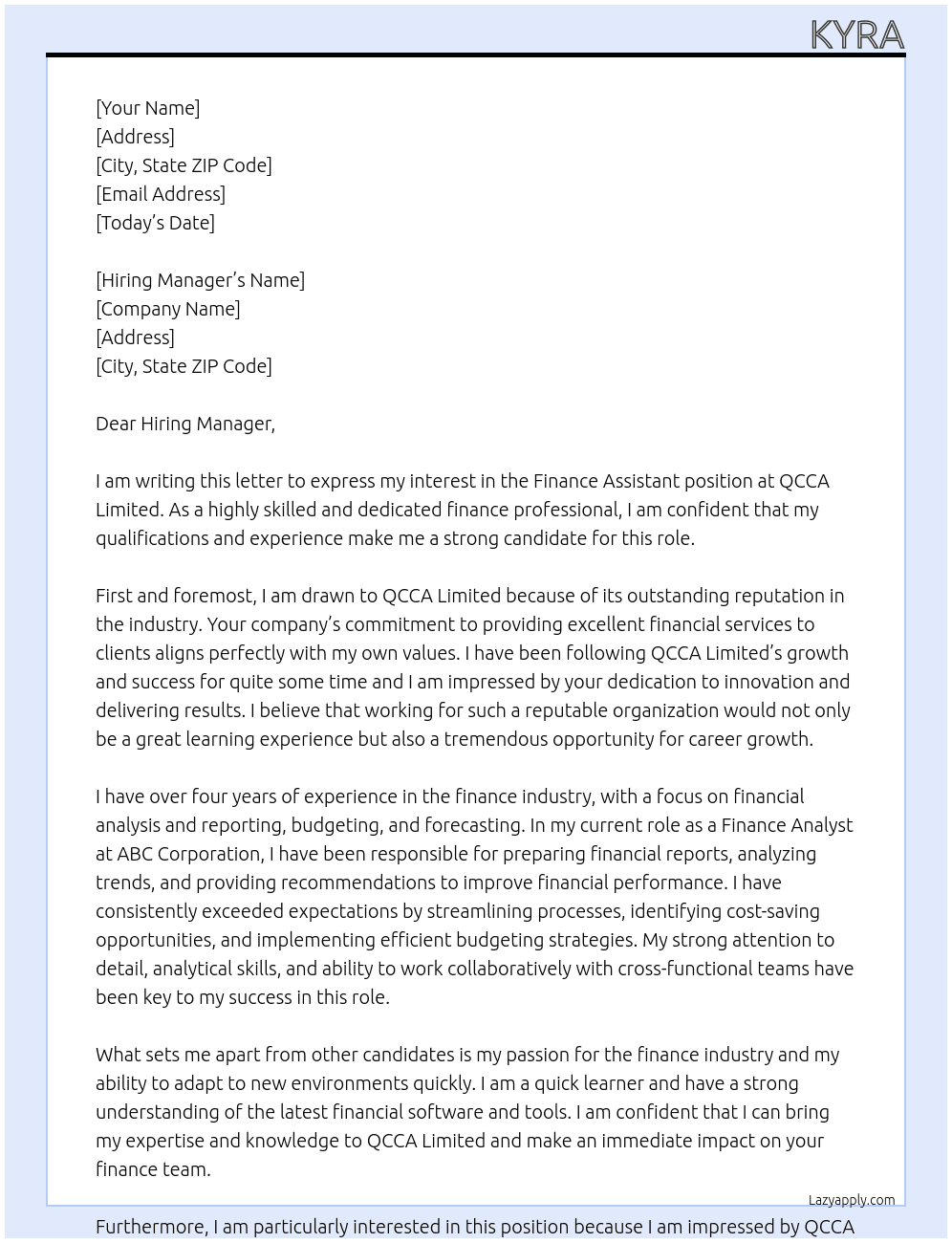 Finance assistant At QCCA limited Cover Letter
