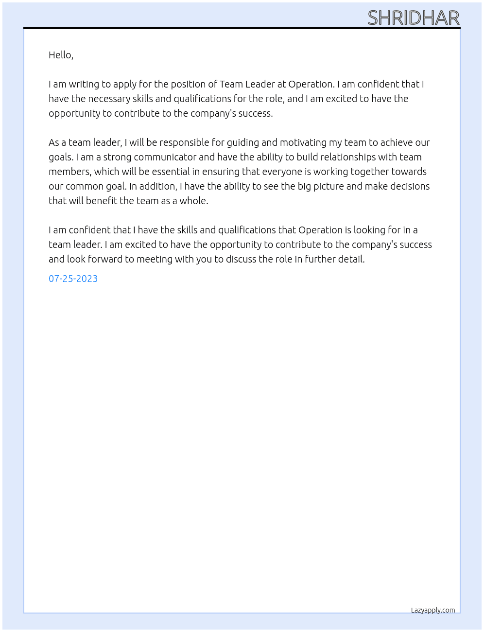 Team Leader At Operation Cover Letter
