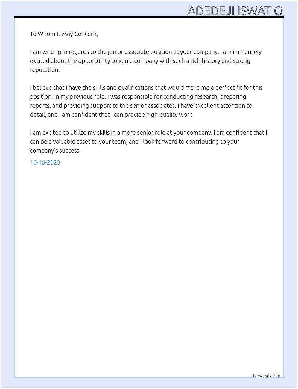 junior associate At olaide Cover Letter