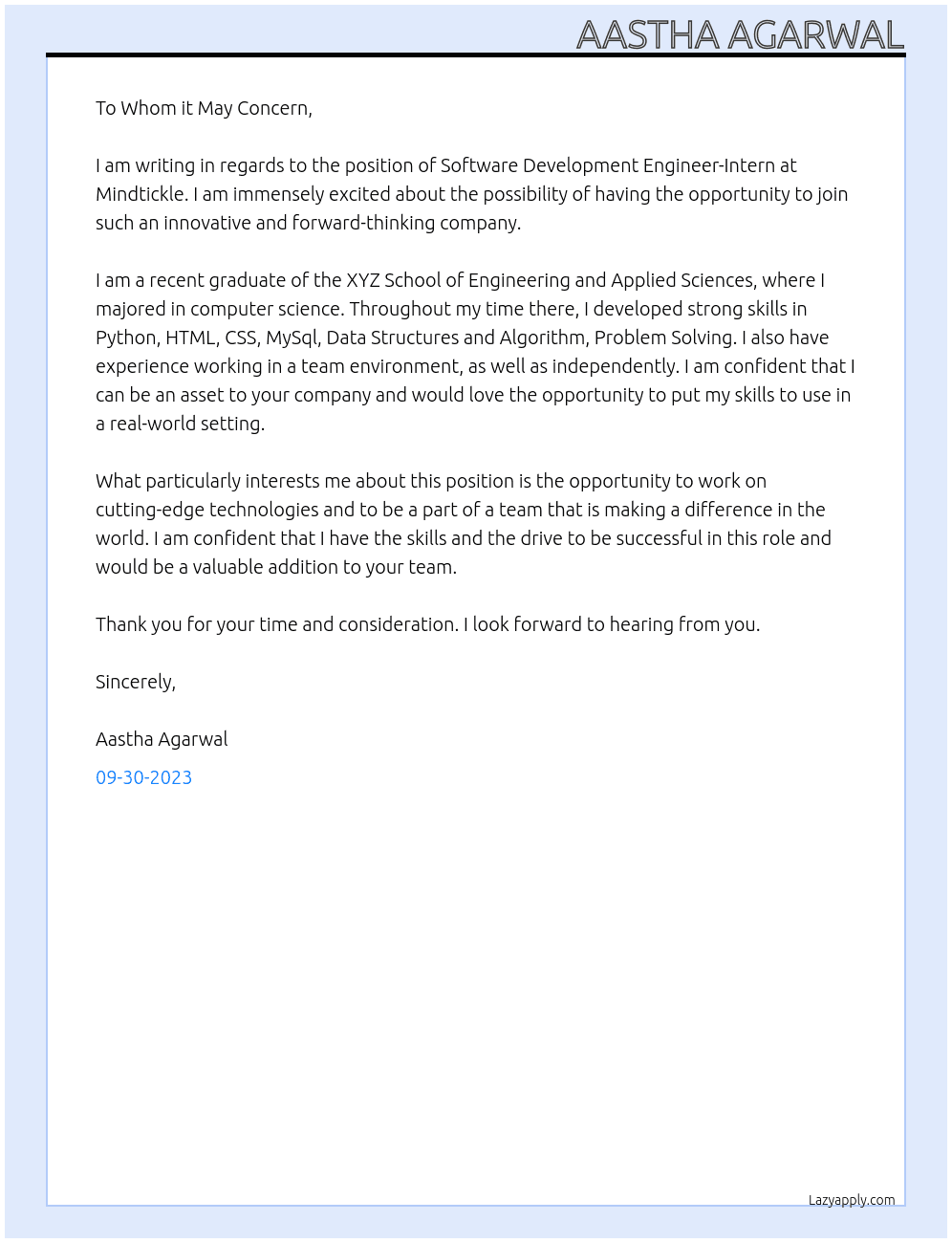 Software Development Engineer-Intern At Mindtickle  Cover Letter