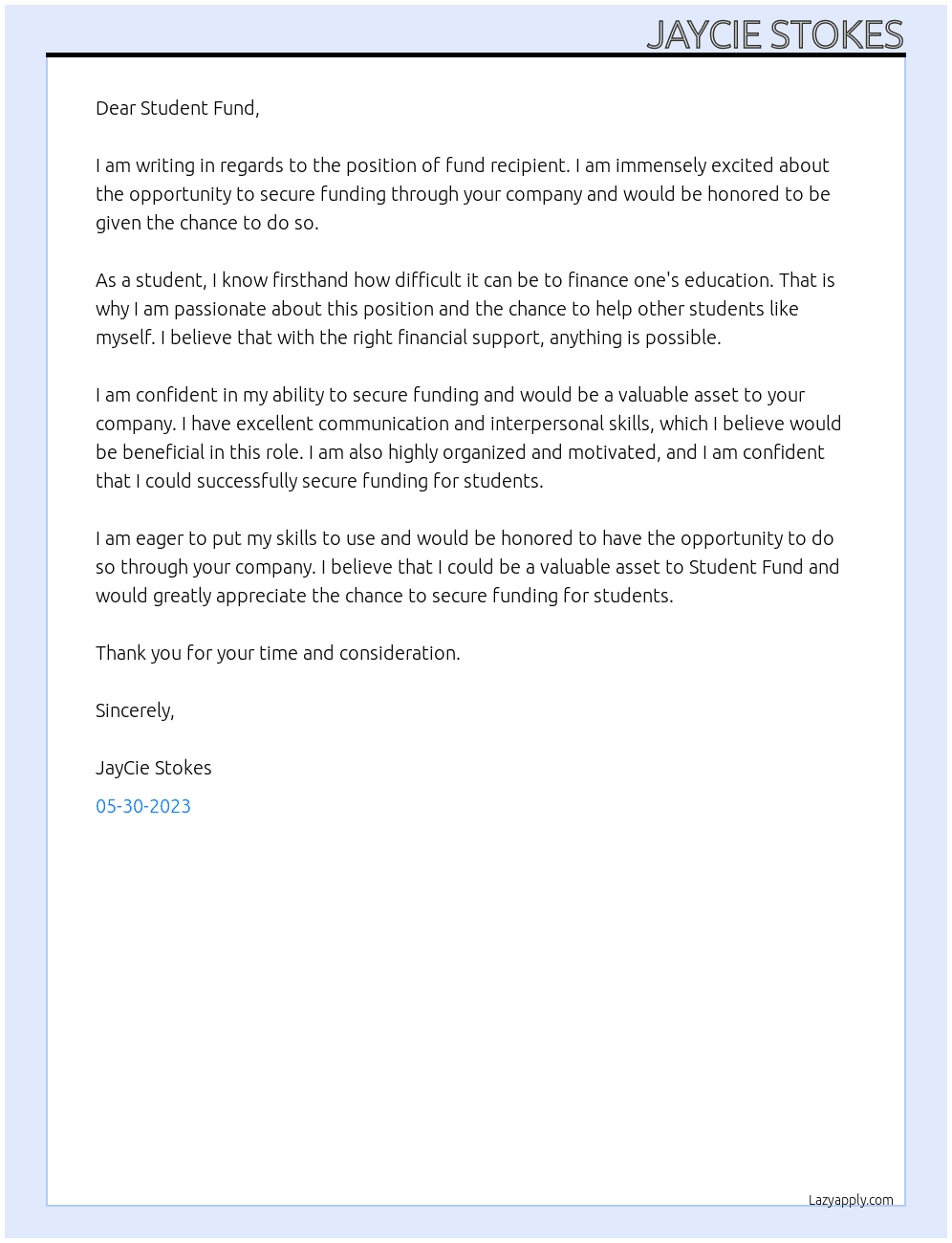 fund recipient At Student Fund Cover Letter