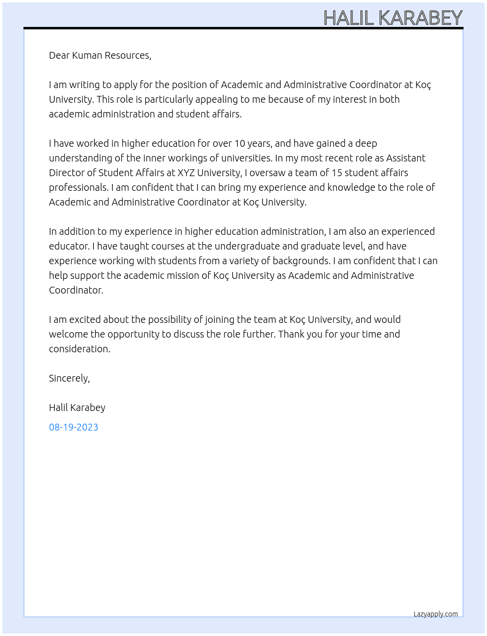 Academic and Administrative Coordinator At Koç University Cover Letter