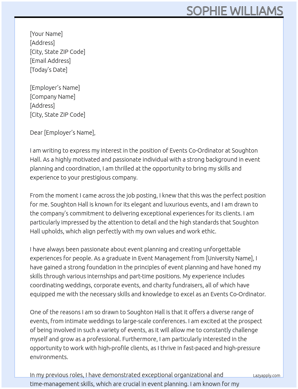 Events Co-Ordinator  At Soughton Hall Cover Letter