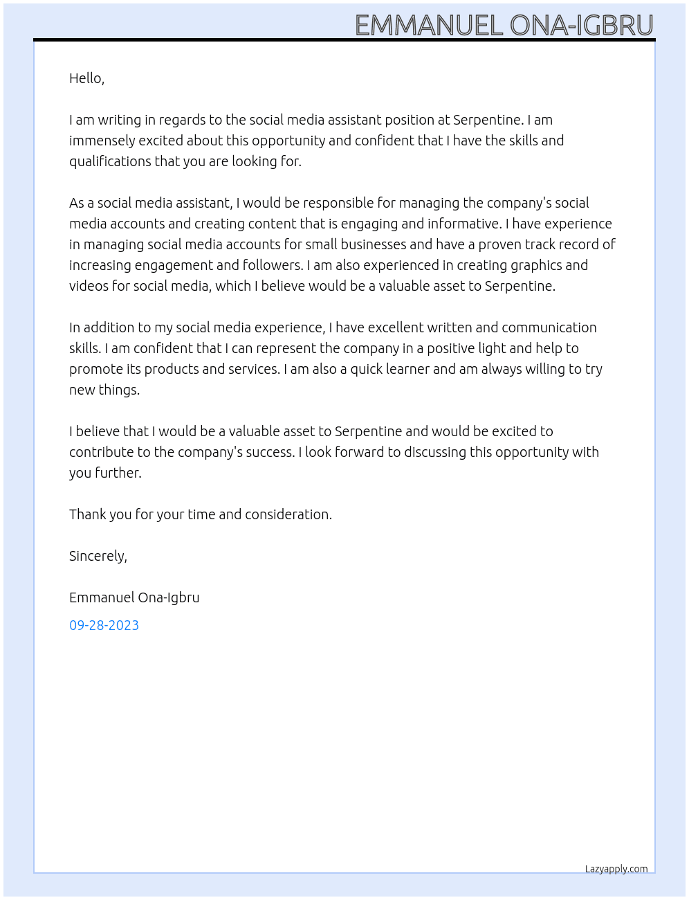 Social media assistant At serpentine Cover Letter