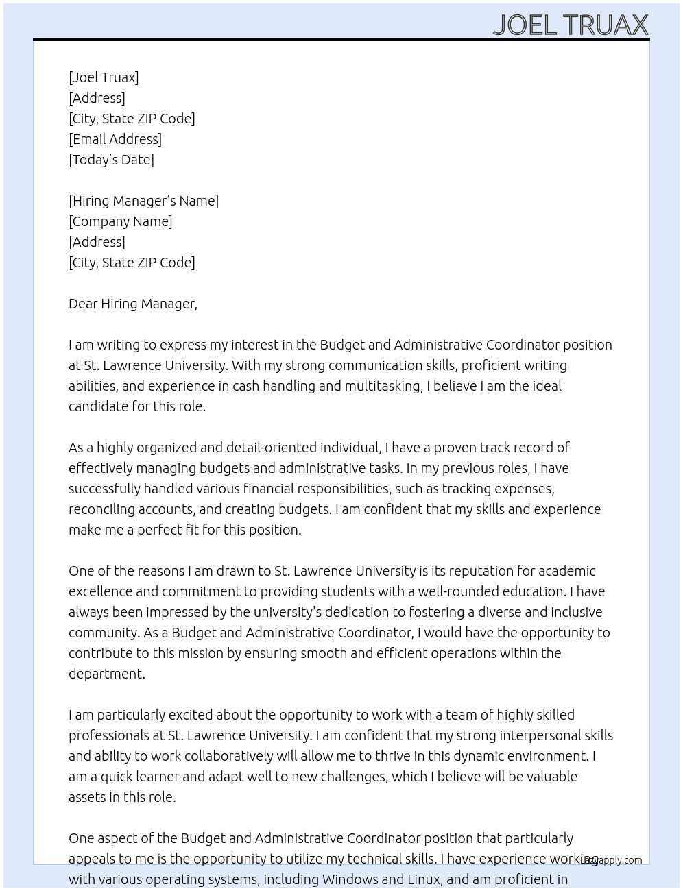 Budget and Administrative Coordinator  At St. Lawrence University Cover Letter