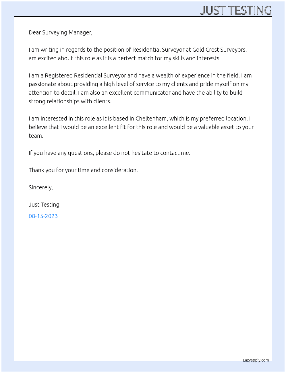 Residential surveyor  At Gold crest surveyors Cover Letter