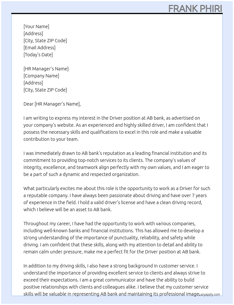 Driver  At AB bank  Cover Letter