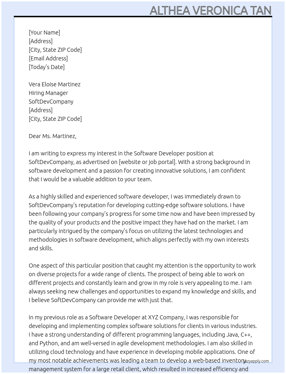 Software Developer At SoftDevCompany Cover Letter