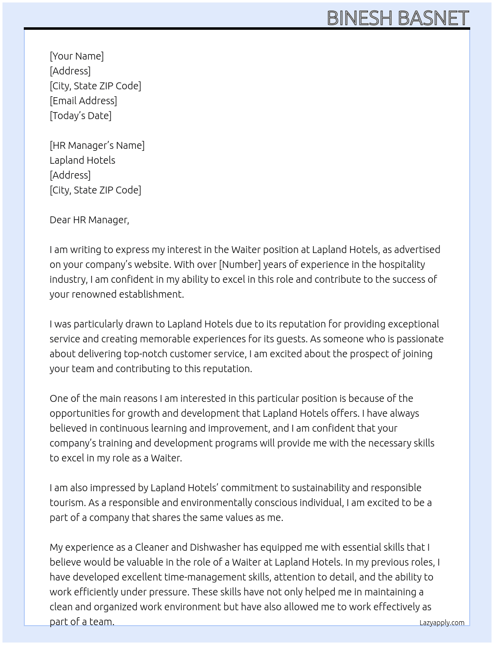 Waiter At Lapland Hotels Cover Letter
