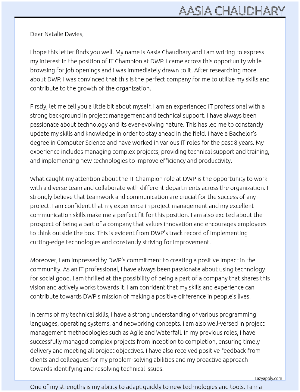 IT Champion At DWP Cover Letter