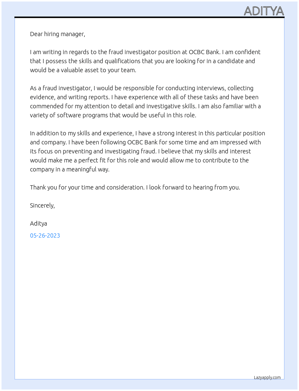 fraud investigator At OCBC Bank Cover Letter