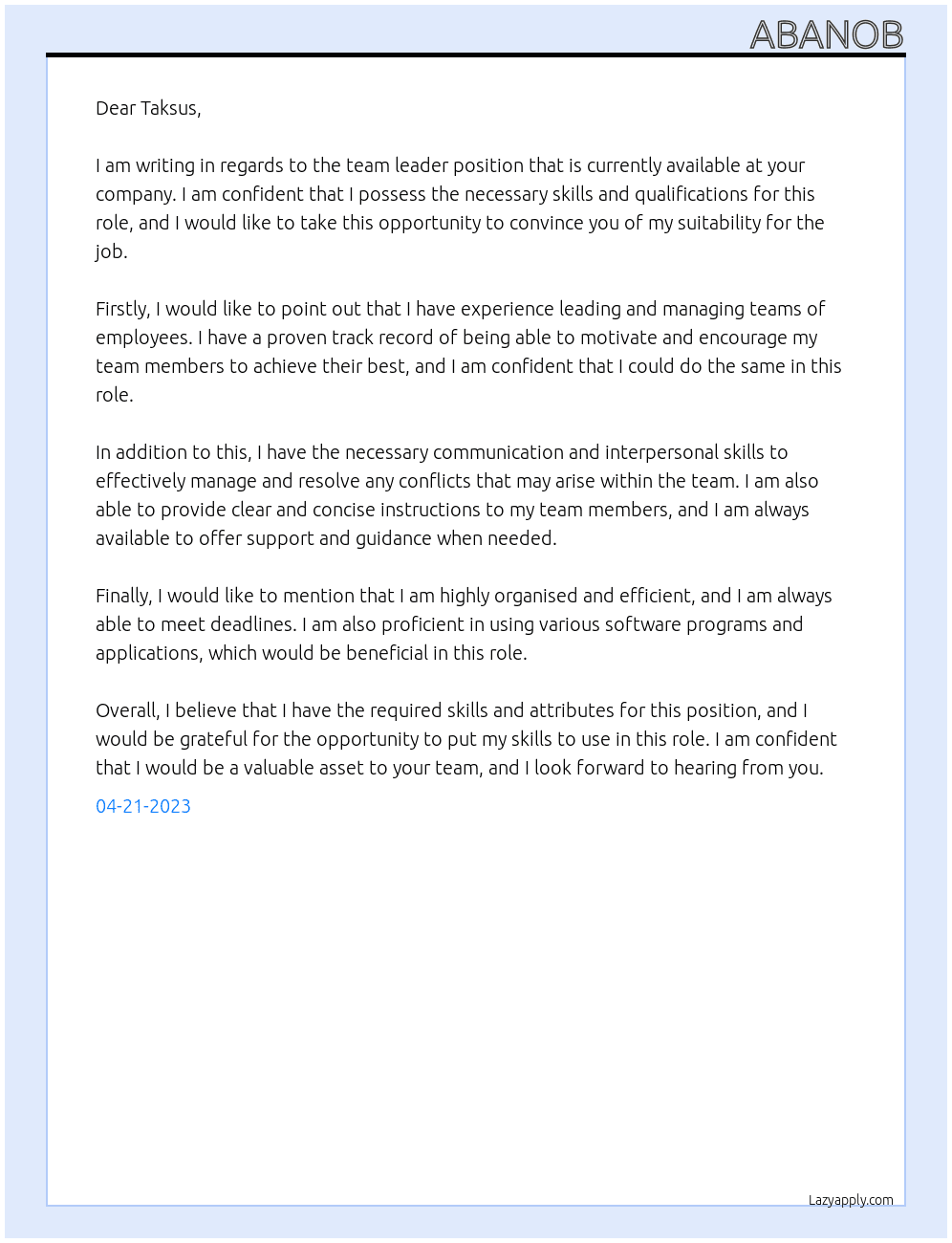 Team leader At Taskus Cover Letter