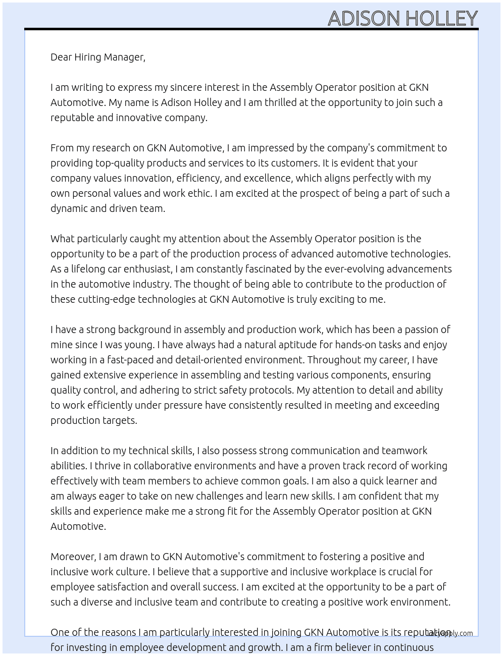 Assembly Operator At GKN Automotive Cover Letter
