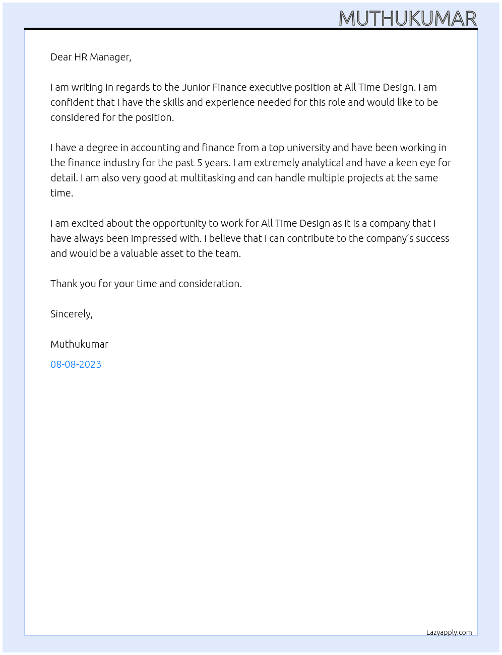 Junior Finance executive At All Time Design Cover Letter