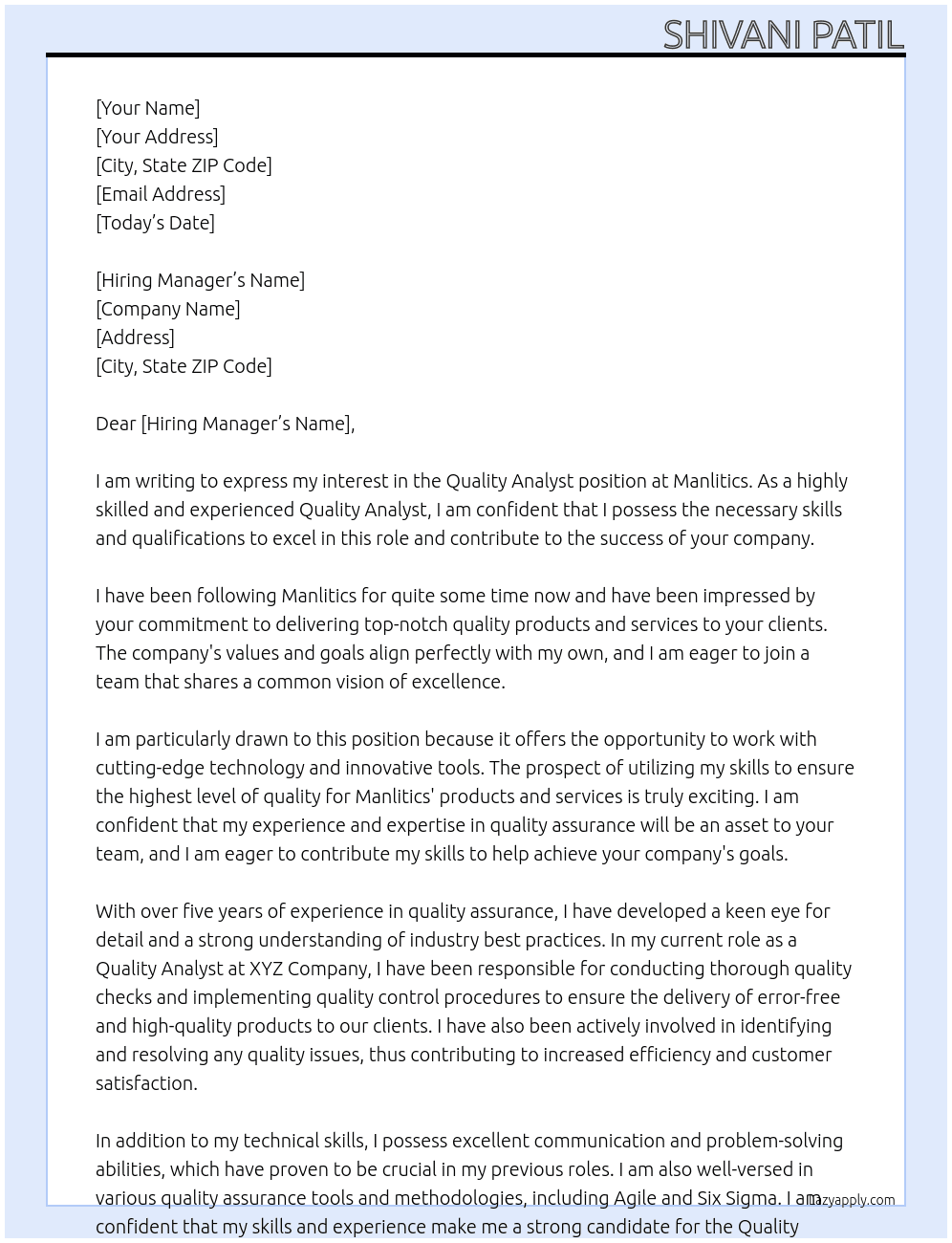 Quality Analyst At Manlitics Cover Letter