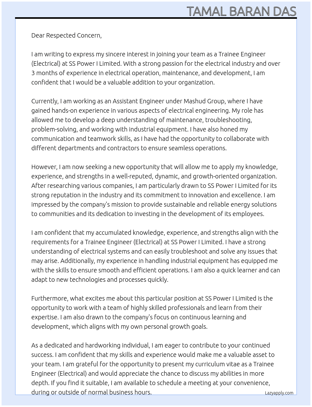 Trainee Engineer Application - Electrical At SS Power I Limited  Cover Letter
