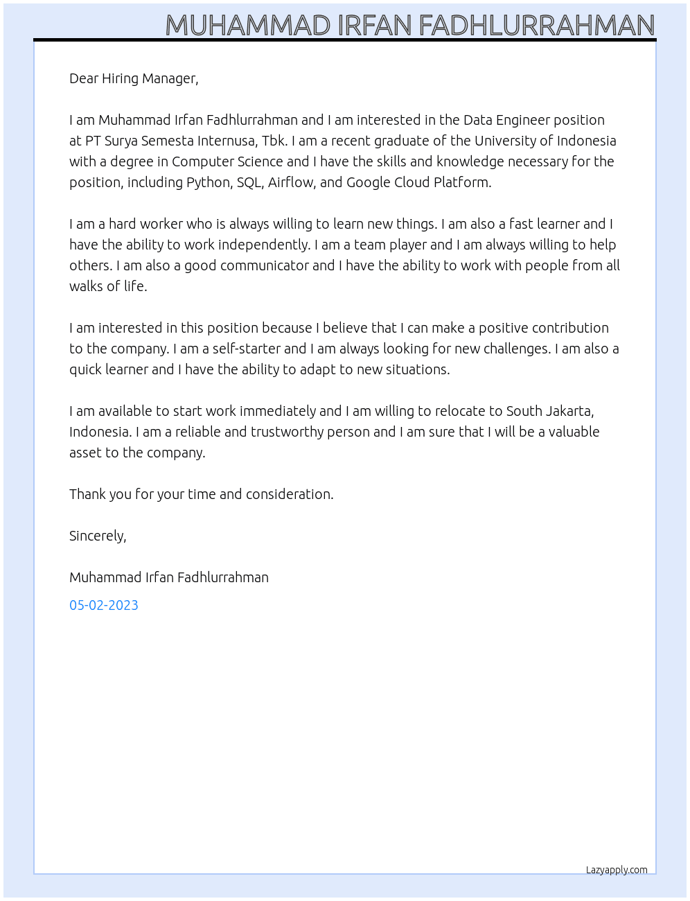 Data Engineer At PT Surya Semesta Internusa, Tbk Cover Letter