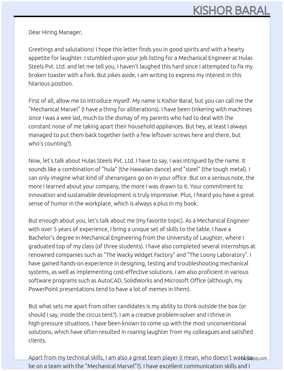 Mechanical Engineer At Hulas Steels Pvt. Ltd. Cover Letter