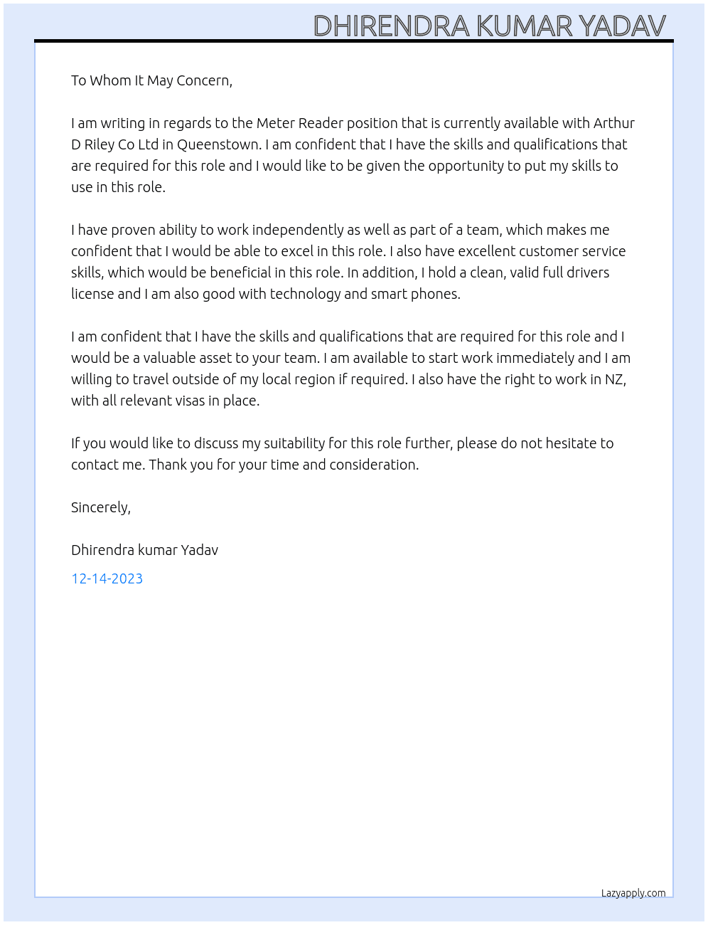 Meter Reader - Queenstown At Arthur D Riley Co Ltd Cover Letter