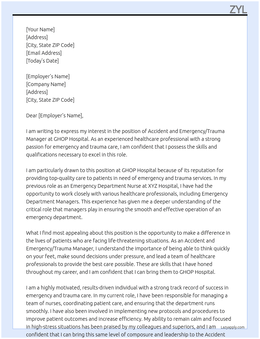 Accident and Emergency/ Trauma Manager At ghop hospital Cover Letter