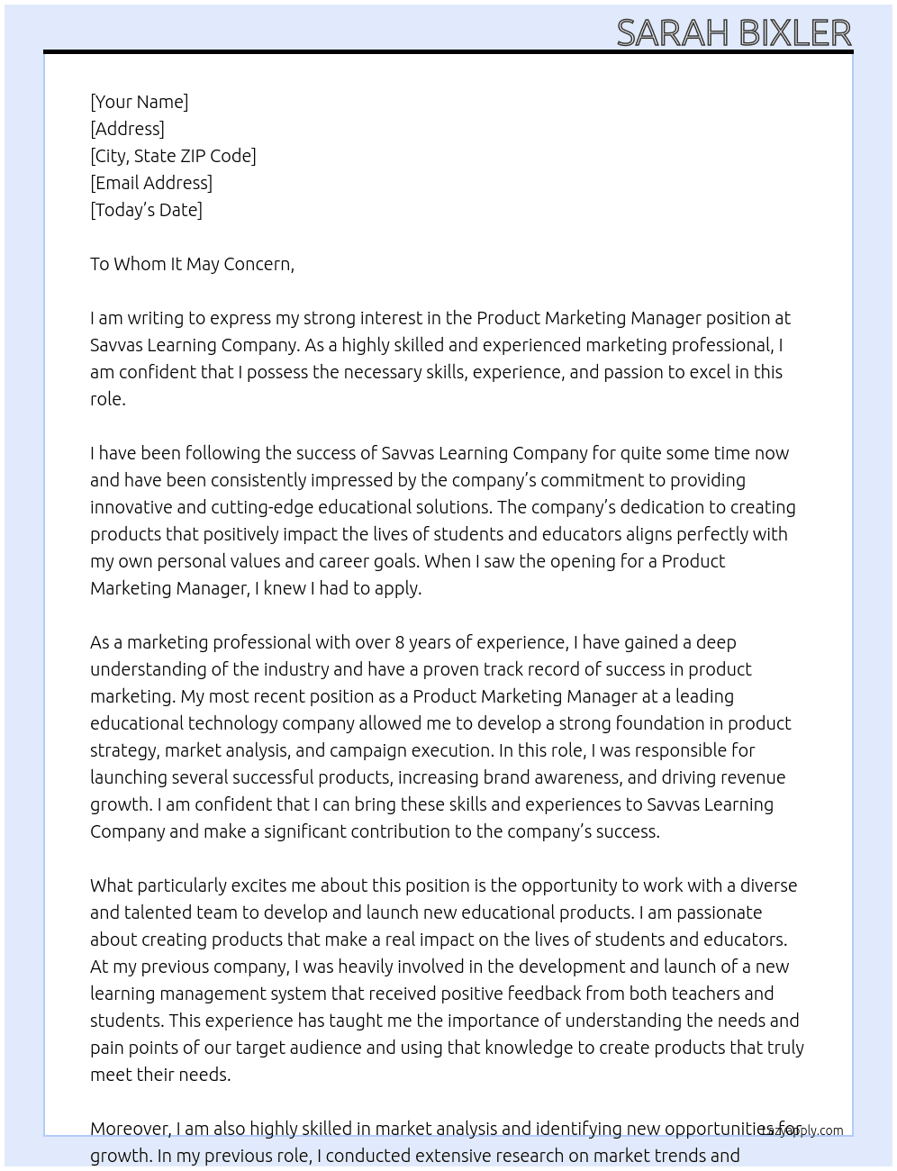 Product Marketing Manager At Savvas Learning Company Cover Letter