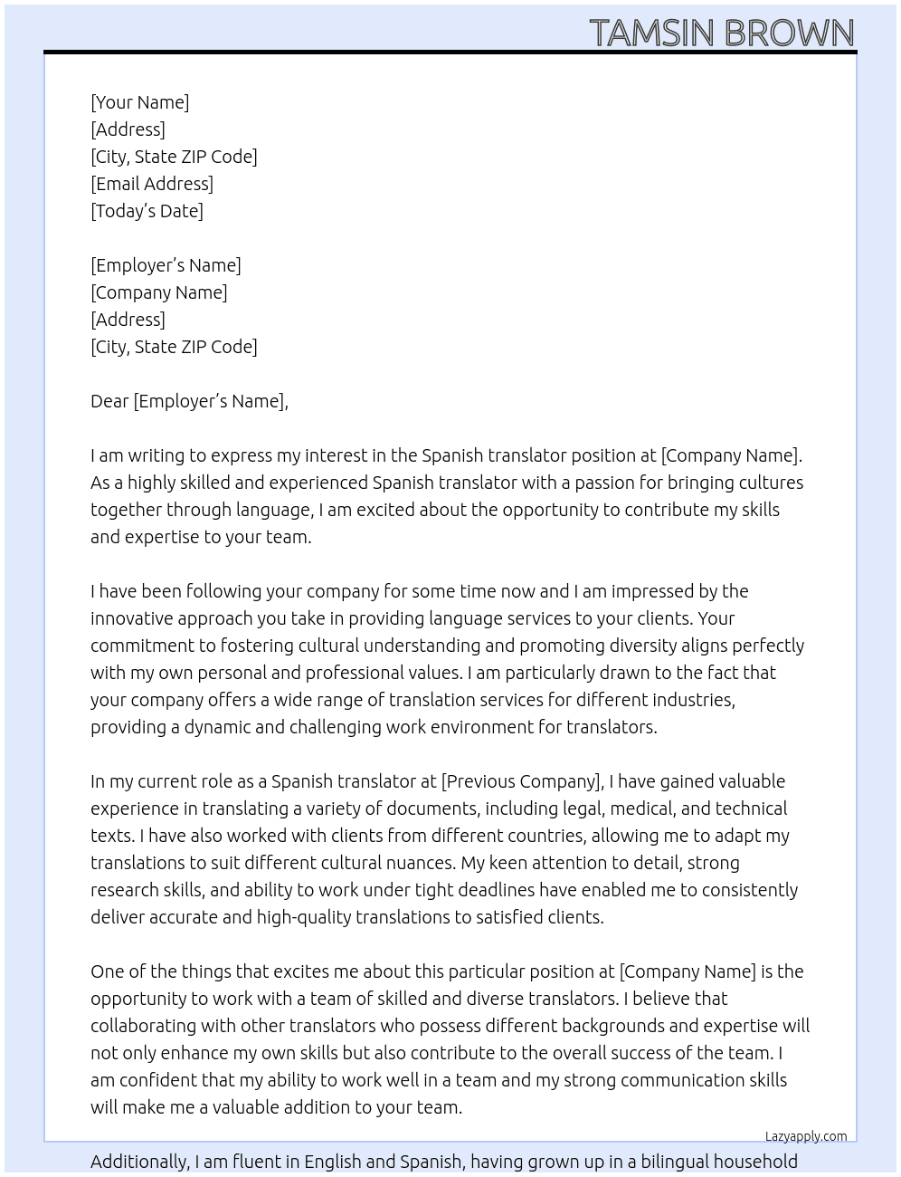 Cover letter for spanish translator - LazyApply