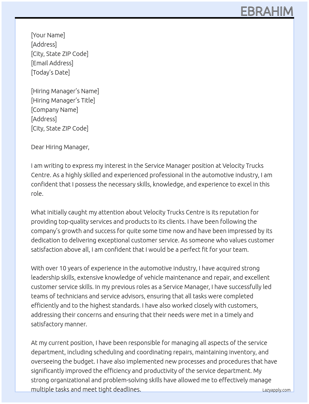 service manager At Velocity Trucks Centre Cover Letter