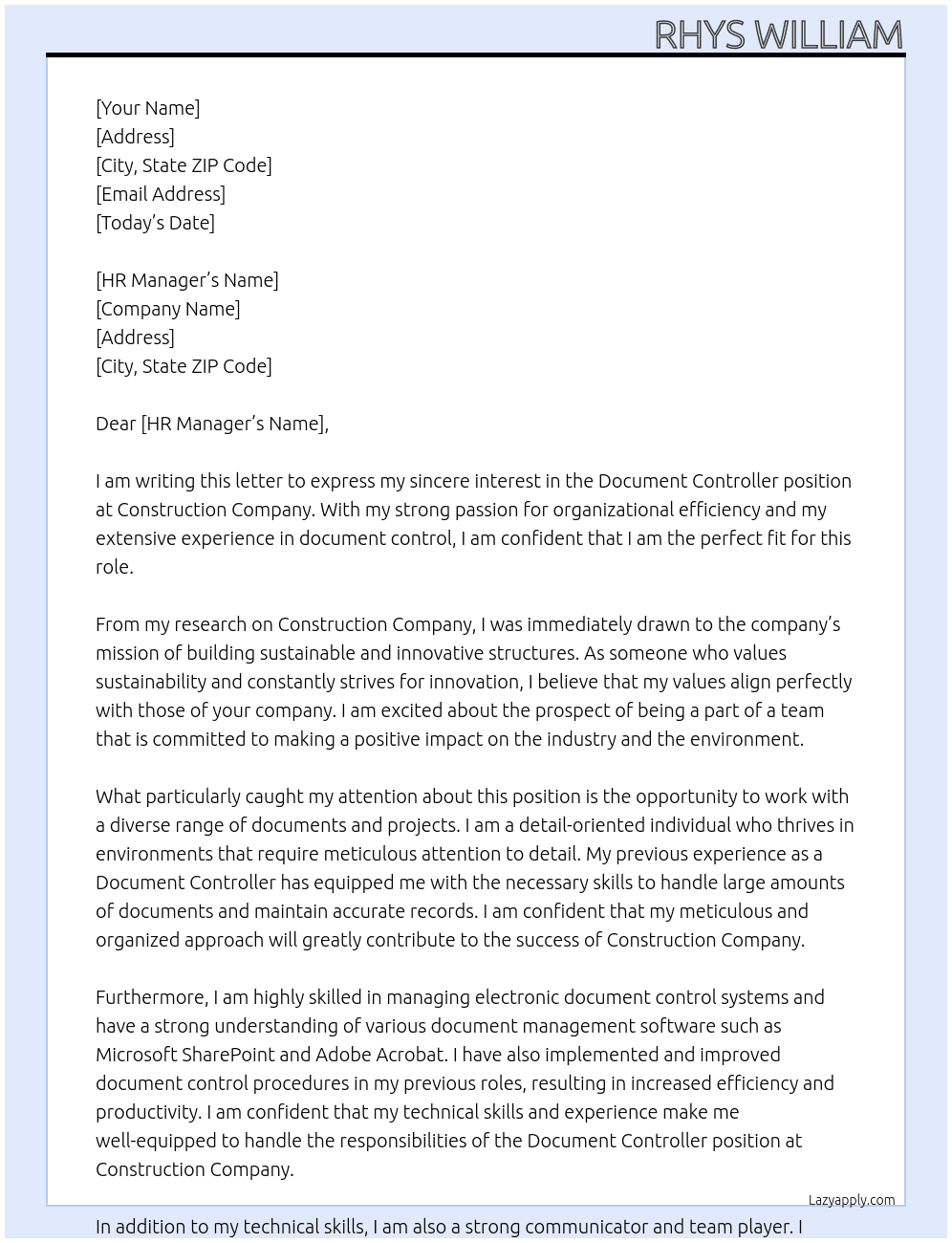Document Controller At Construction Company Cover Letter