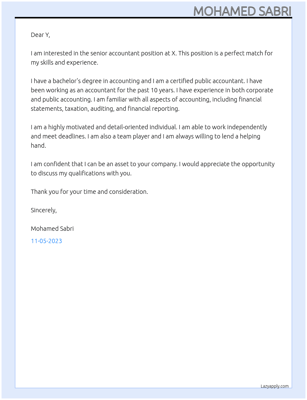 senior accountant At X Cover Letter