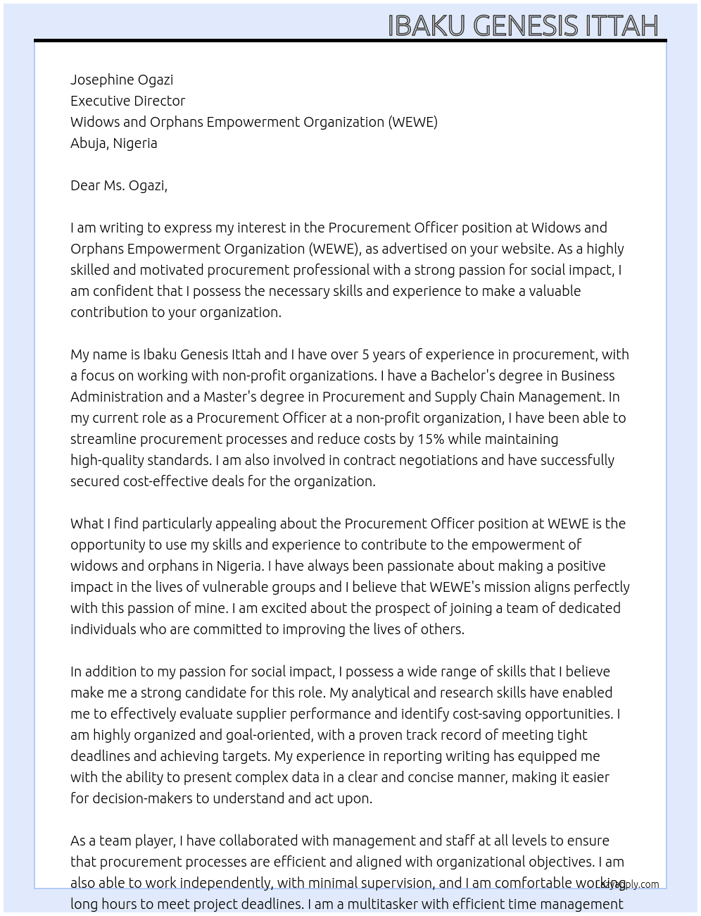 Procurement Officer At Widows and Orphans Empowerment Organization (WEWE) Cover Letter