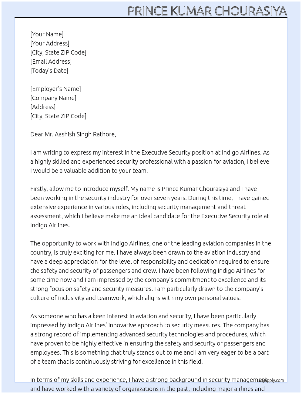 Executive security At Indigo airlines Cover Letter