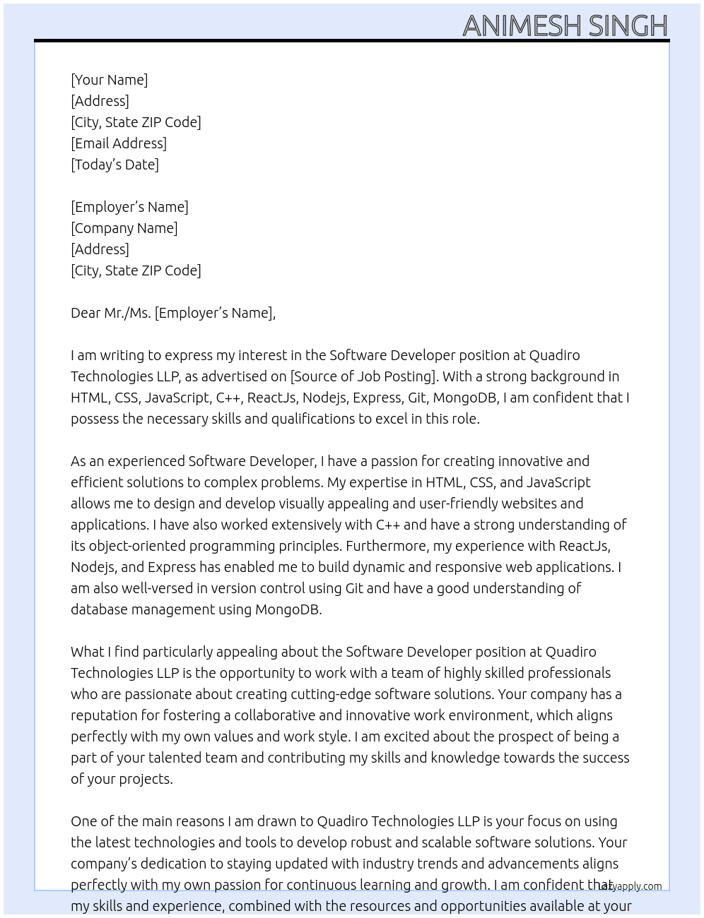 Software Developer At Quadiro Technologies LLP Cover Letter